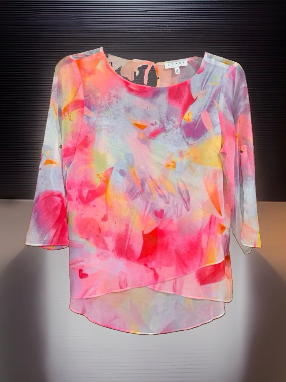 Chaus Women's Pink Watercolor Layered Blouse w/Roll Tab 3/4 Sleeve-M-EC
